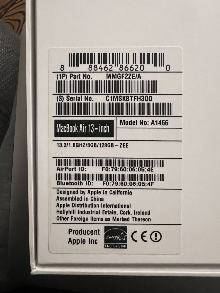 Macbook Air 13”, A1466, 13.3/1.6GHZ/8GB/128GB - ZEE
