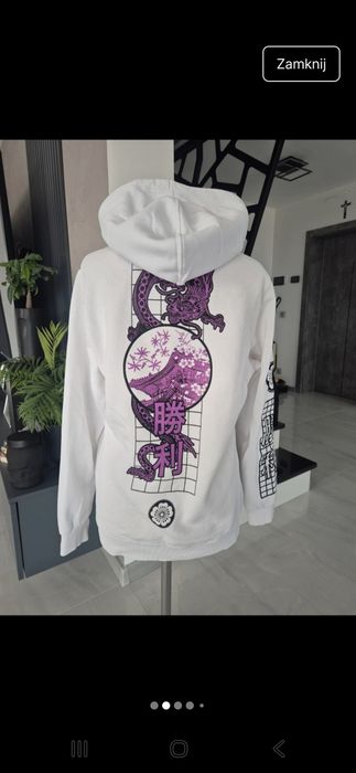 Biała bluza z kapturem oversize japan style bluza z nadrukiem Bershka