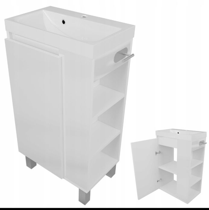 Szafka łazienkowa z Umywalką Biała Połysk Wisząca Stojąca Półka Wiesza