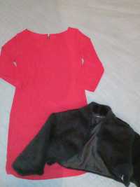 Zestaw j.nowy sukienka czerwona brokat na święta+ bolerko/karakuł S