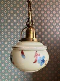 Mosiężna stara lampa wisząca art deco zwis antyk kremowa kwiaty