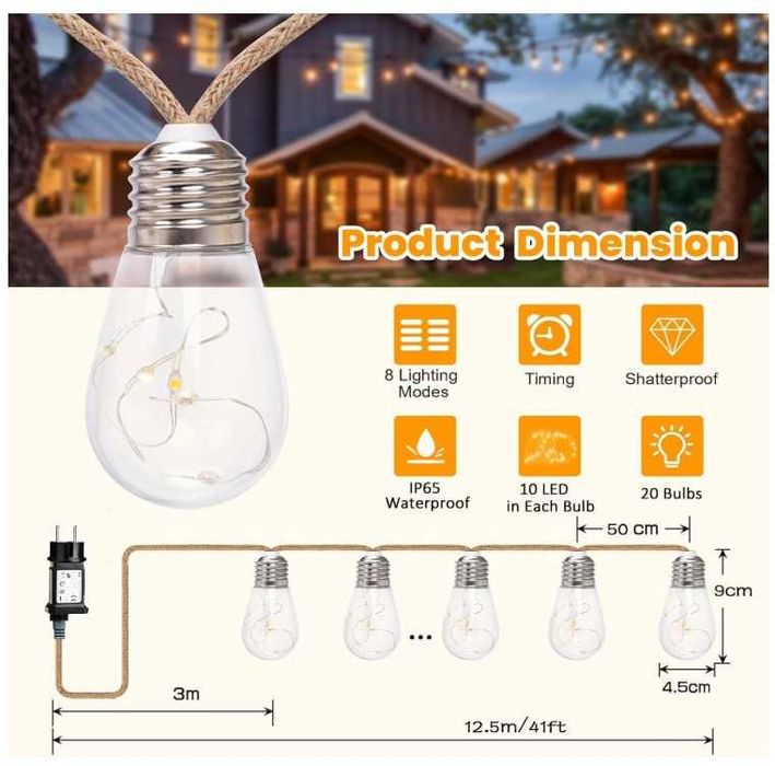 Dekoracyjna girlanda świetlna 12.5m 20 żarówek z timerem Redefun