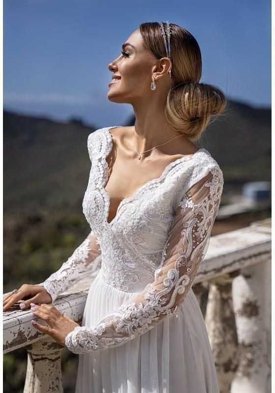 Suknia ślubna ecru długi rękaw koronka 34 XS, 36 S, 40 L, 42 XL