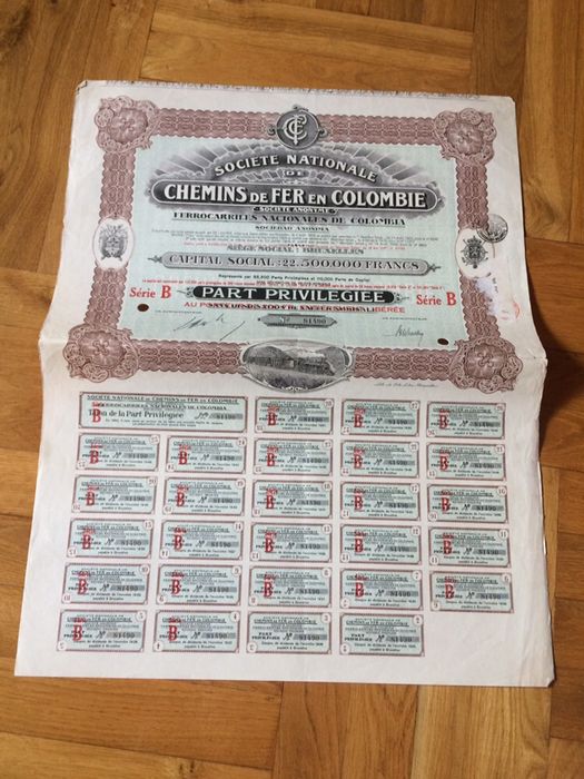 Papiery wartościowe, akcje CHEMINS DE FER EN COLOMBIE z kuponami,1927R