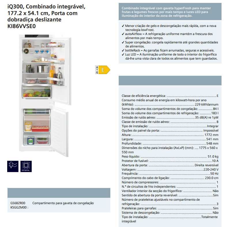 Frigorífico Combinado Encastrar Siemens 267L
