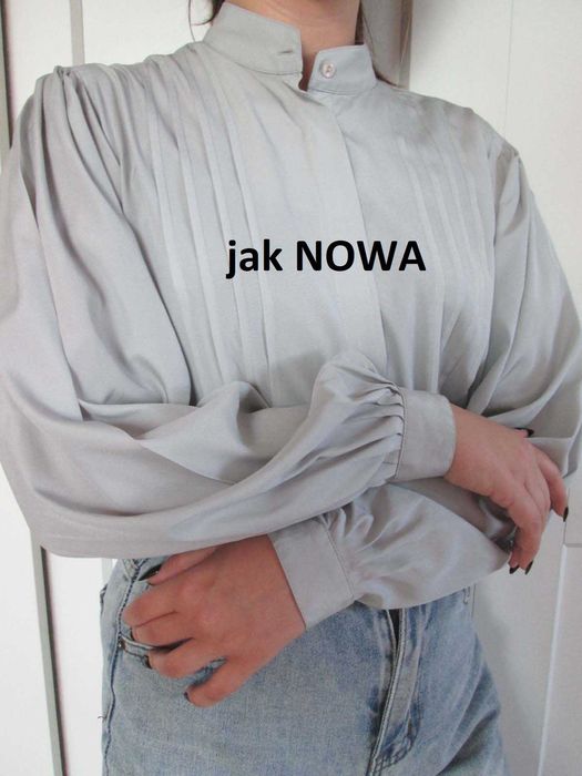 Bluzka vintage szara szerokie rękawy plisy M L 38 40