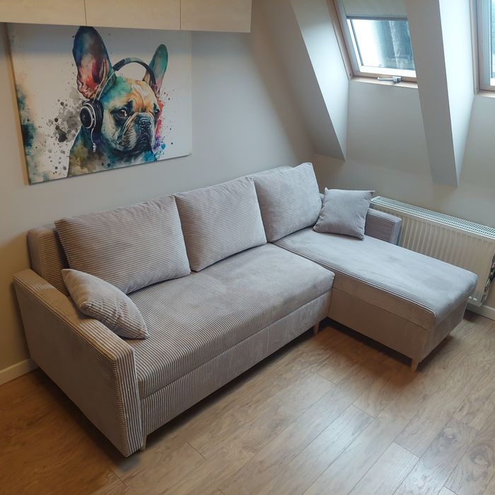 NAROŻNIK Z FUNKCJĄ SPANIA z 2 pojemnikami szary sztruks 220 x 145