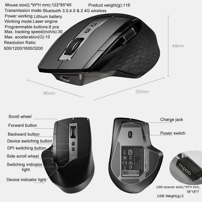 Беспроводная мышка Rapoo MT750L с Multi Mode/Bluetooth/боковым колесом