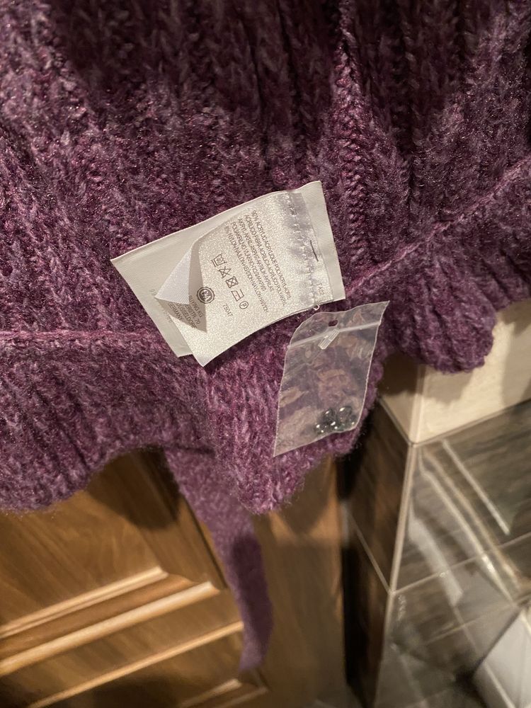 Sweter fiolet długi ciepły gruby zimowy wiązany fioletowy