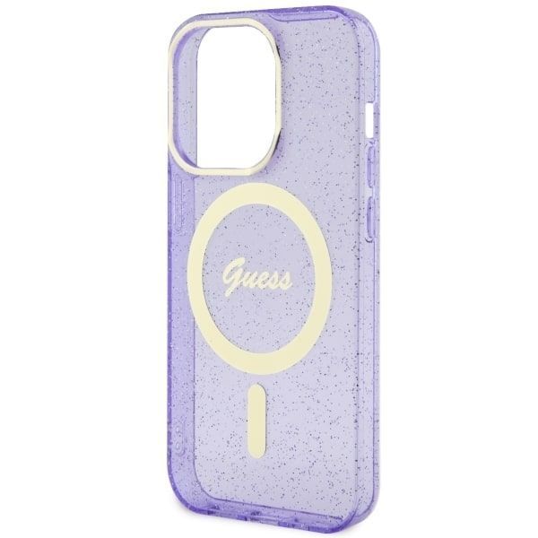 Guess Etui iPhone 14 Pro 6.1" Purpurowe Glitter Gold MagSafe