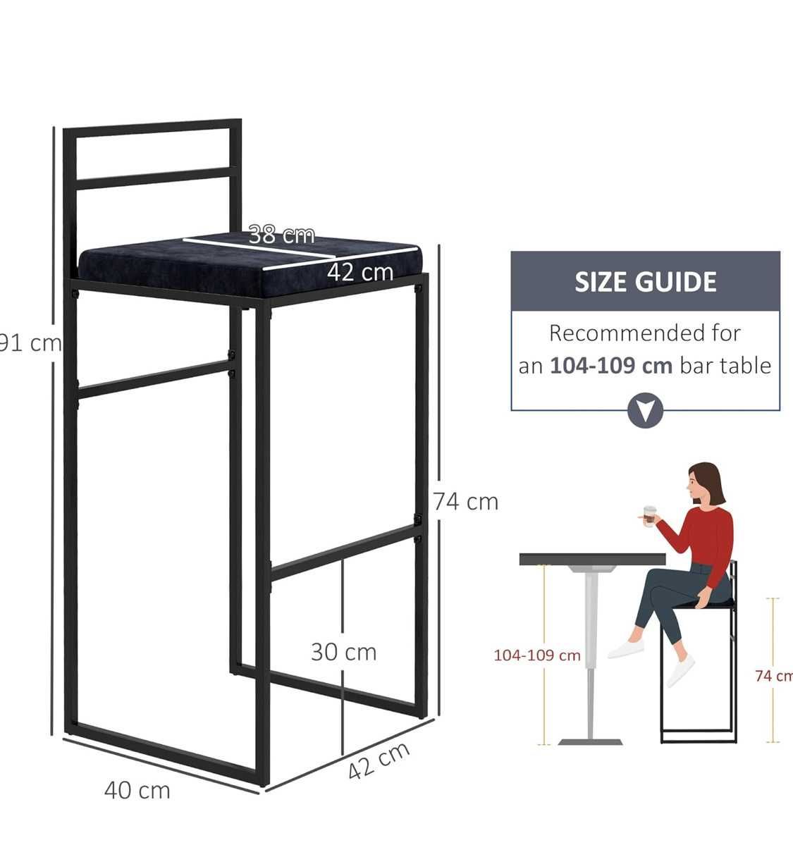 HOMCOM zestaw 2 hokerów czarna aksamitna poduszka 91 cm