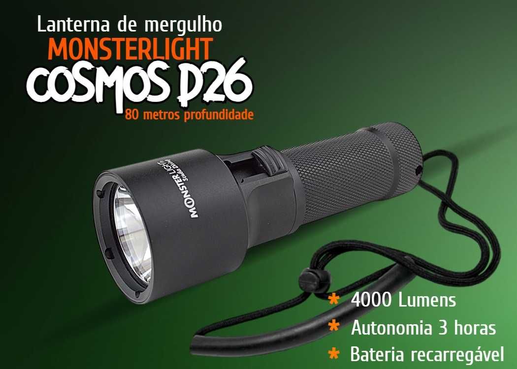 Kit lanterna mergulho MonsterLight Cosmos D26 com bateria recarregável