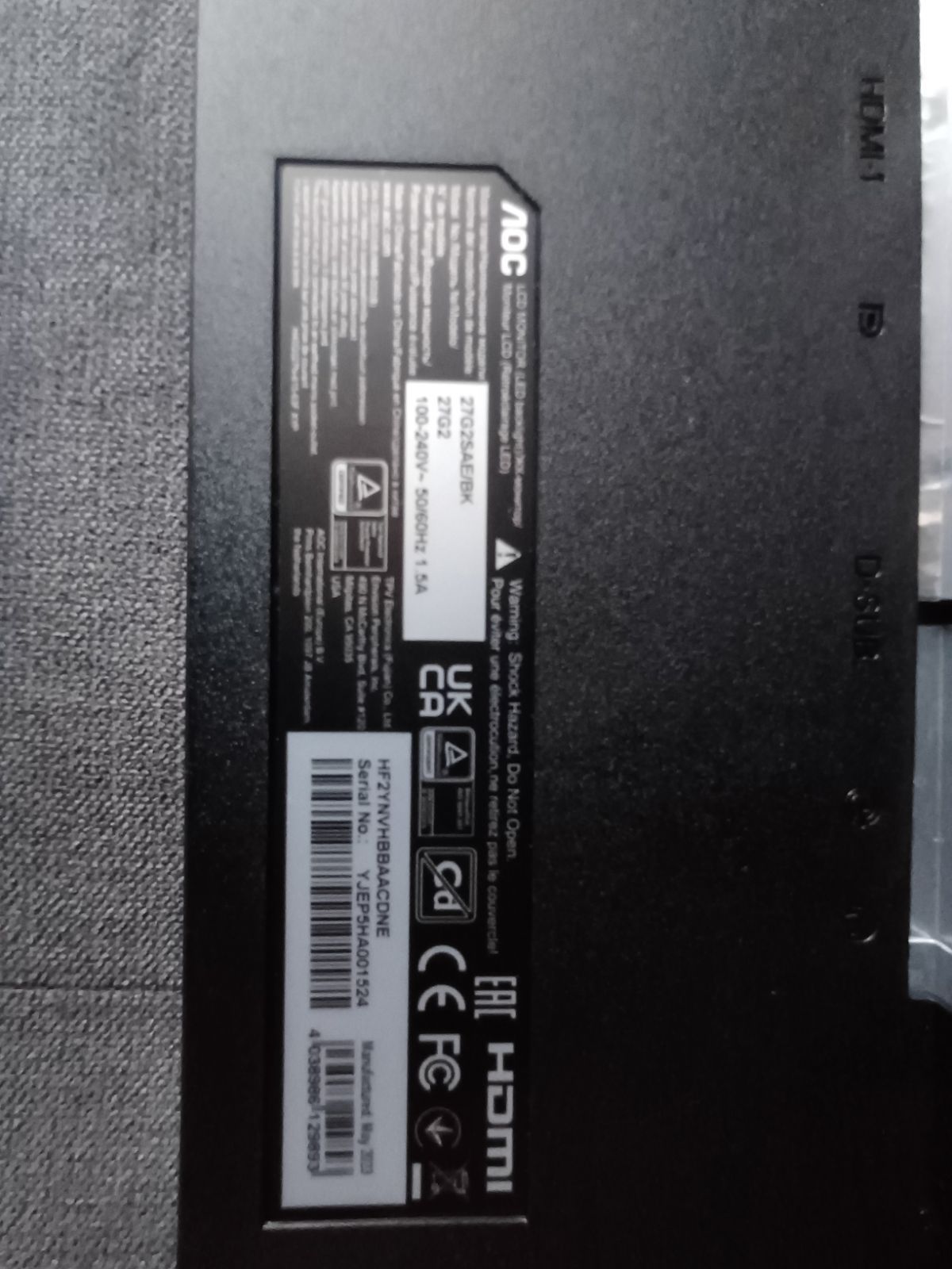 Monitor AOC 27G2SAE/BK z uszkodzoną matrycą na części