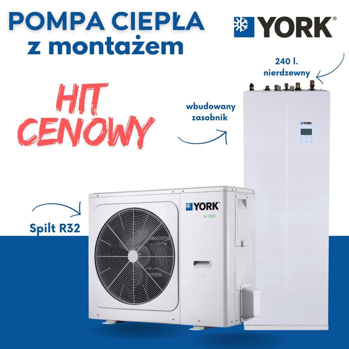 Pompa ciepła YORK 14 KW zasobnik 240 l. nierdzewny z montażem kotłowni