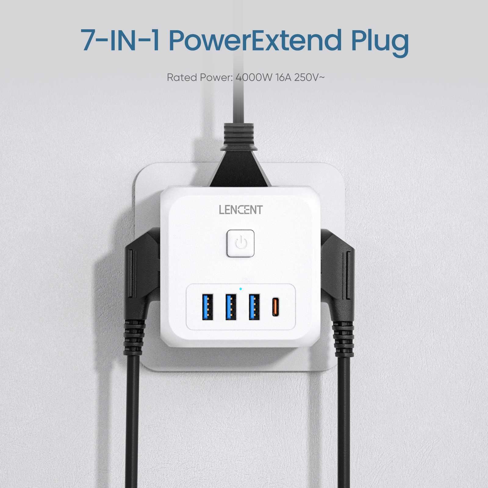 Extensão Elétrica 3 Tomadas + 3  USB + 1 Tipo C - 7em1 com Interruptor