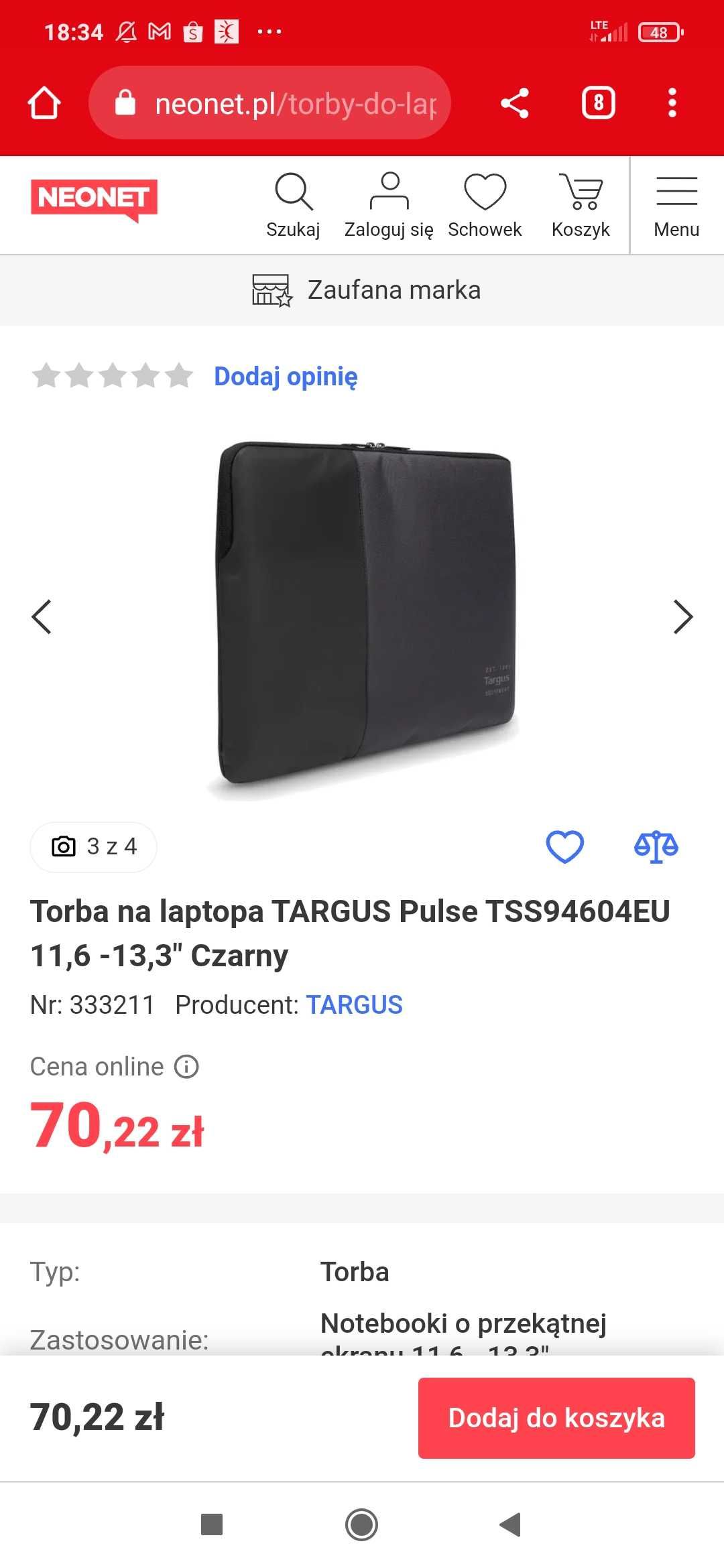 Torba na laptopa TARGUS Pulse TSS94604EU 11,6 -13,3" Czarny