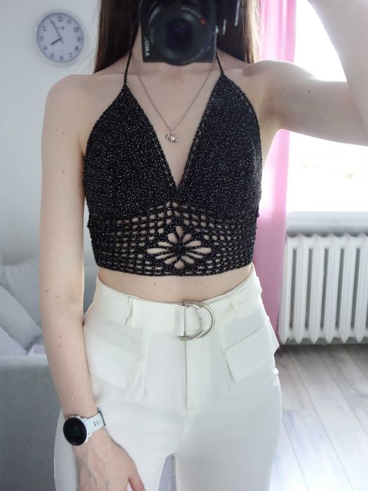 Nowy top szydełkowy handmade czarny błyszczący impreza wiązany 36 S