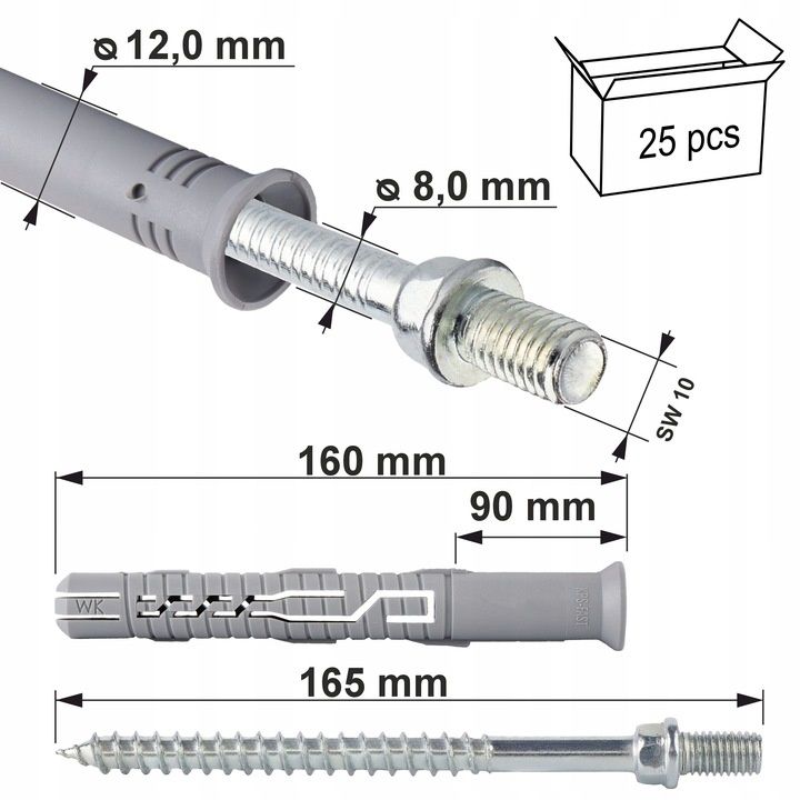 Kołki ramowe rozporowe z wkrętem dwugwintowym M8 
12 x 160mm, 25 szt.