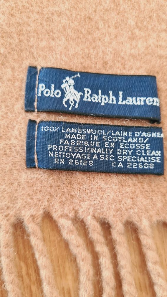 Szalik Polo Ralph Lauren. Beżowy Kremowy Camel. 100% Lambswool Wełna.