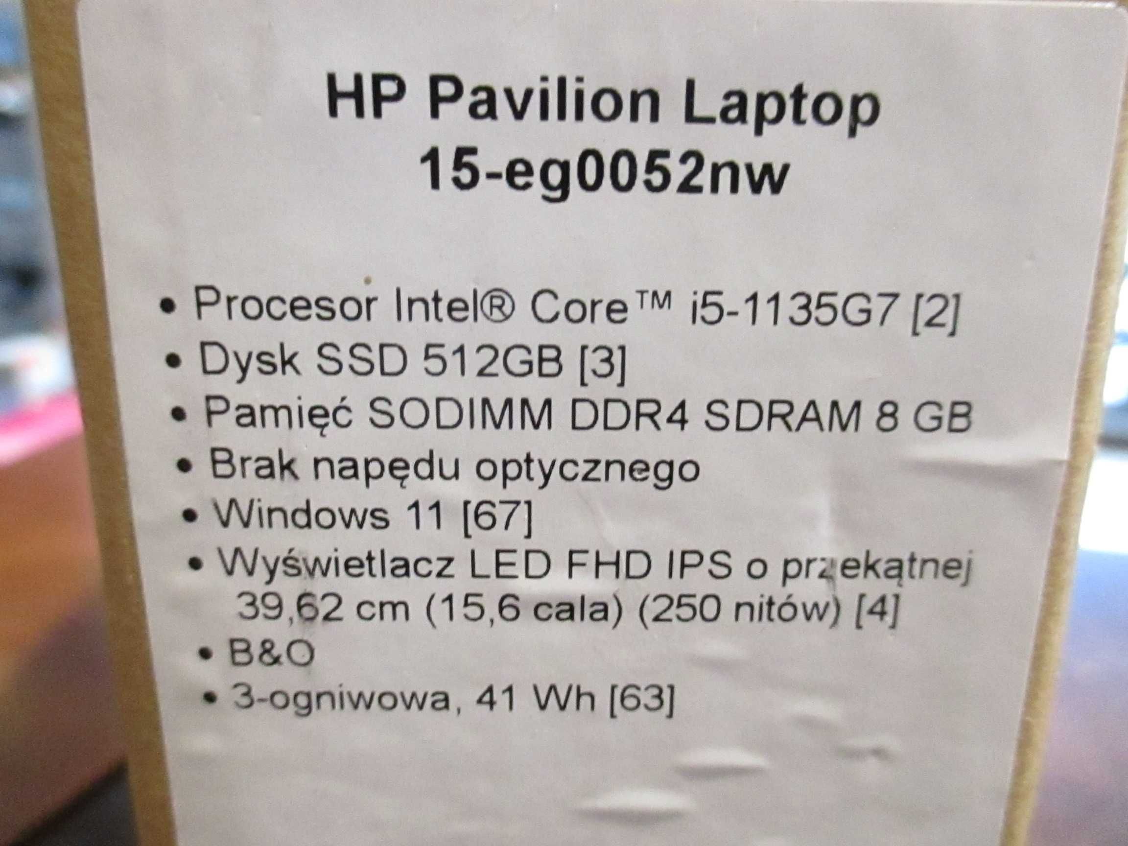 Laptop HP 15-eg0052nw i5-1135G7 8/512gb FHD IPS NOWY Plomba Tanio