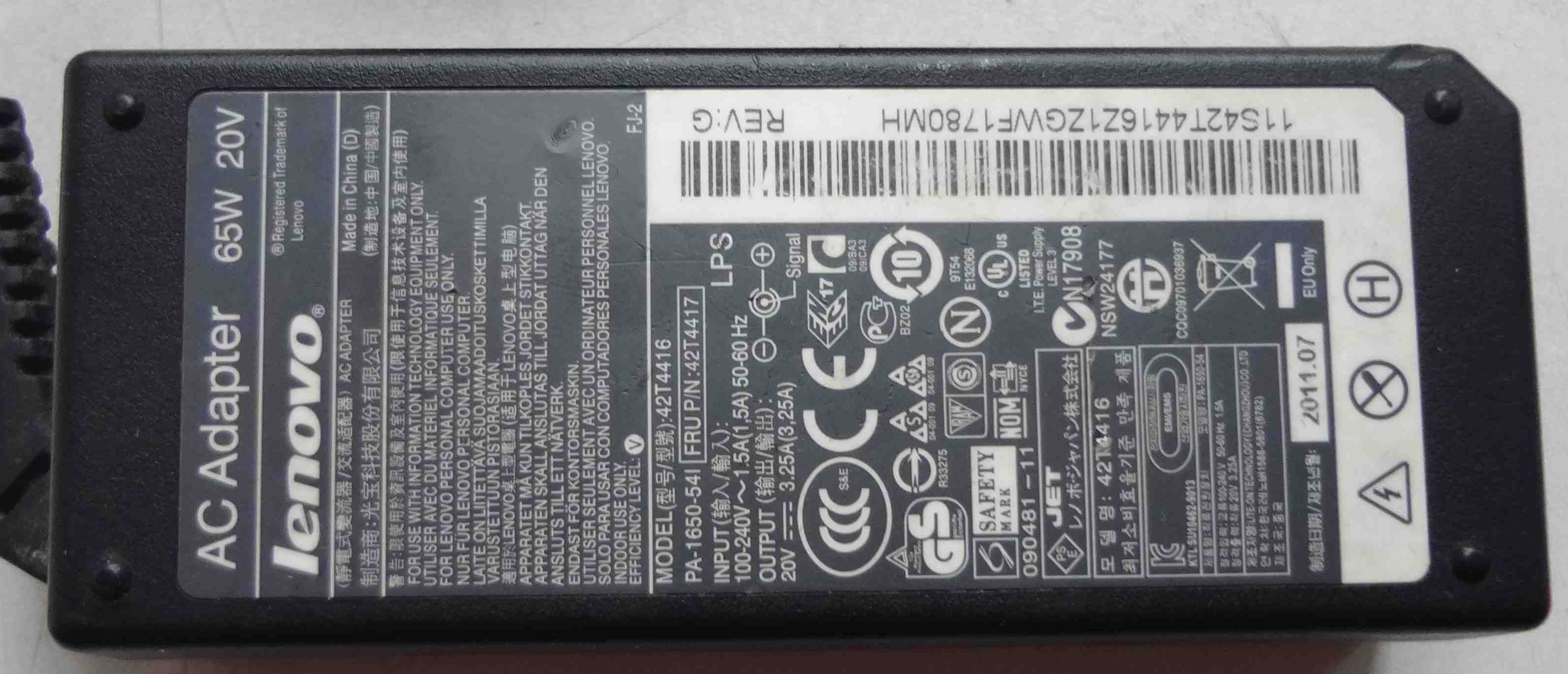 Блок питания для ноутбука Lenovo 20V 3.25A 42T4416 зарядка