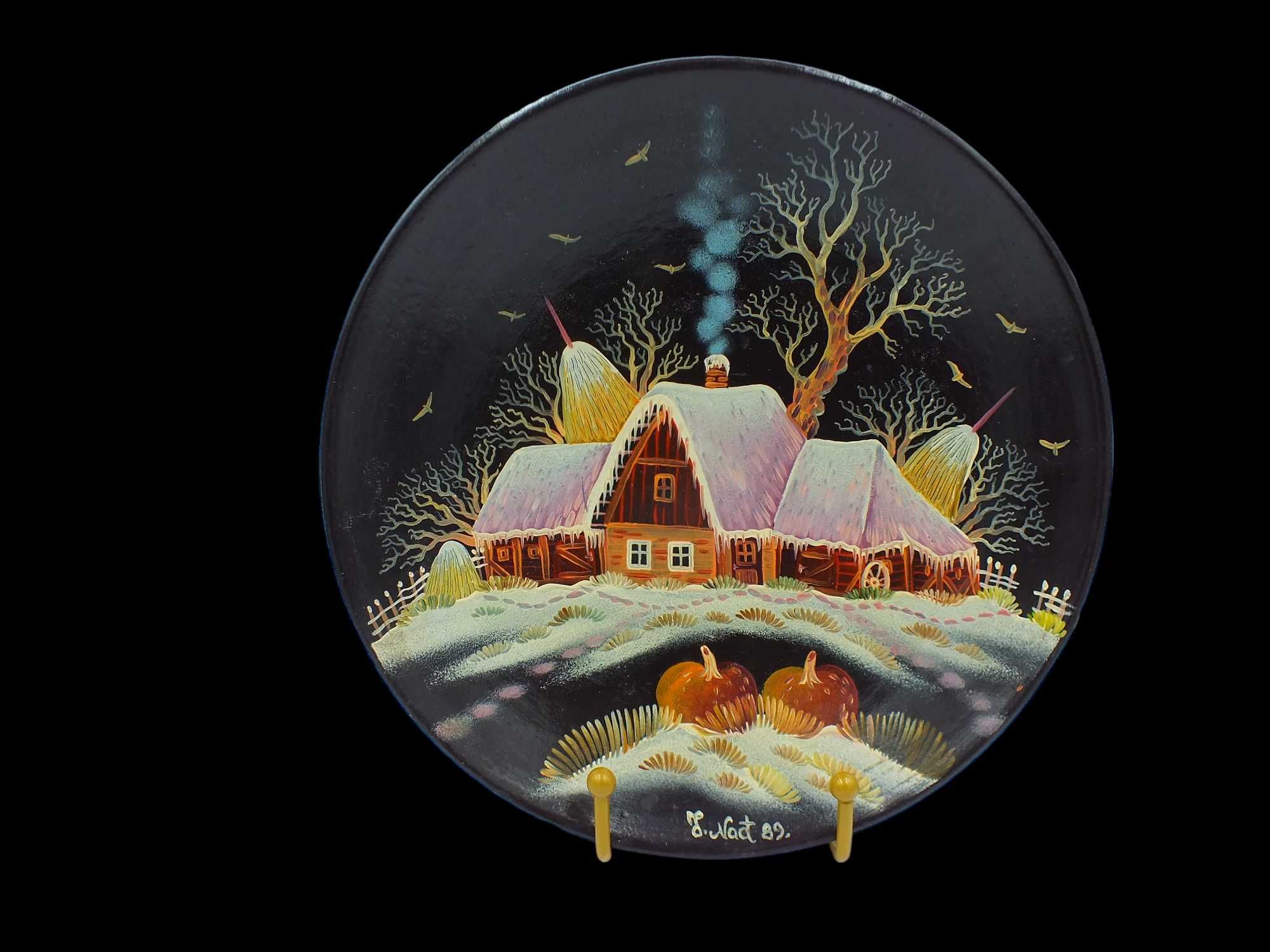 Obraz na talerzu ceramicznym Wiejska Chata zimą 1982 r B121603