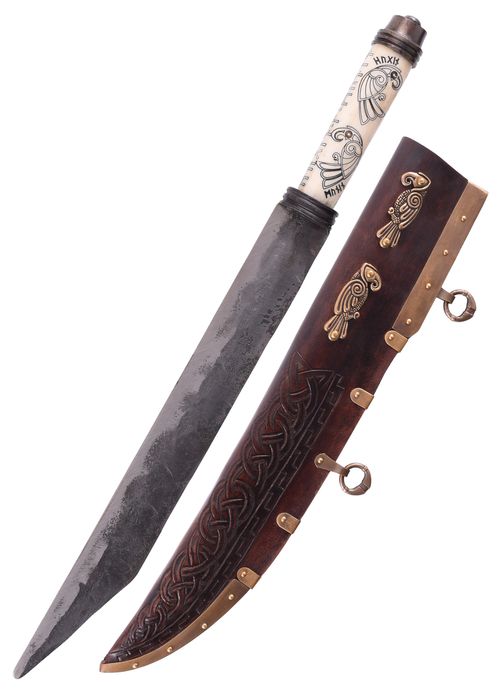 Viking Long Seax, Bone Grip Z Nordyckimi Krukami Huginem I Muninem Bm