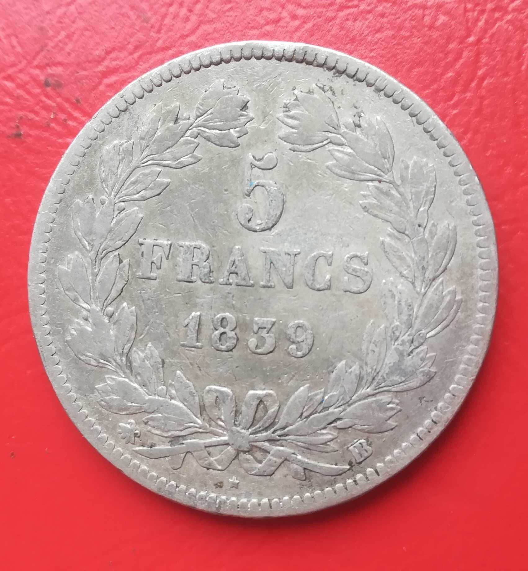 Moneta srebrna srebro 5 franków Francja z 1839 roku typ BB. Srebrne.