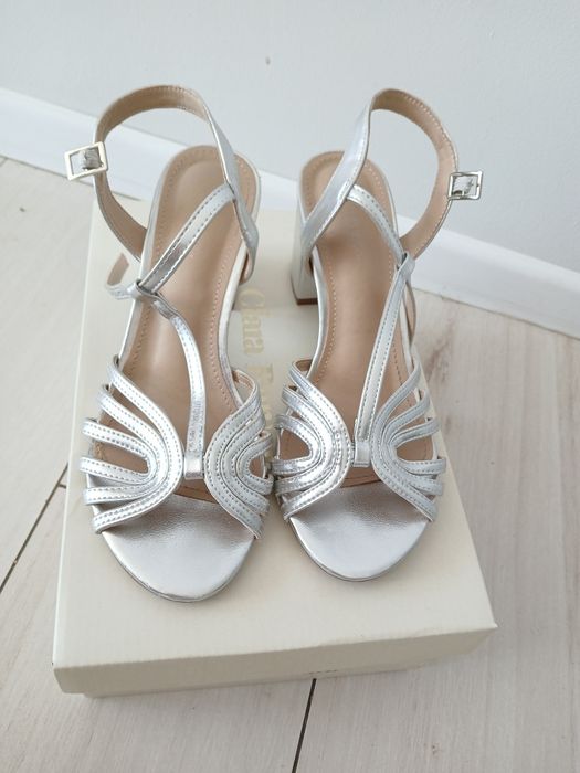 Buty srebrne na obcasie słupku sandały wesele półmetek bal studniówka