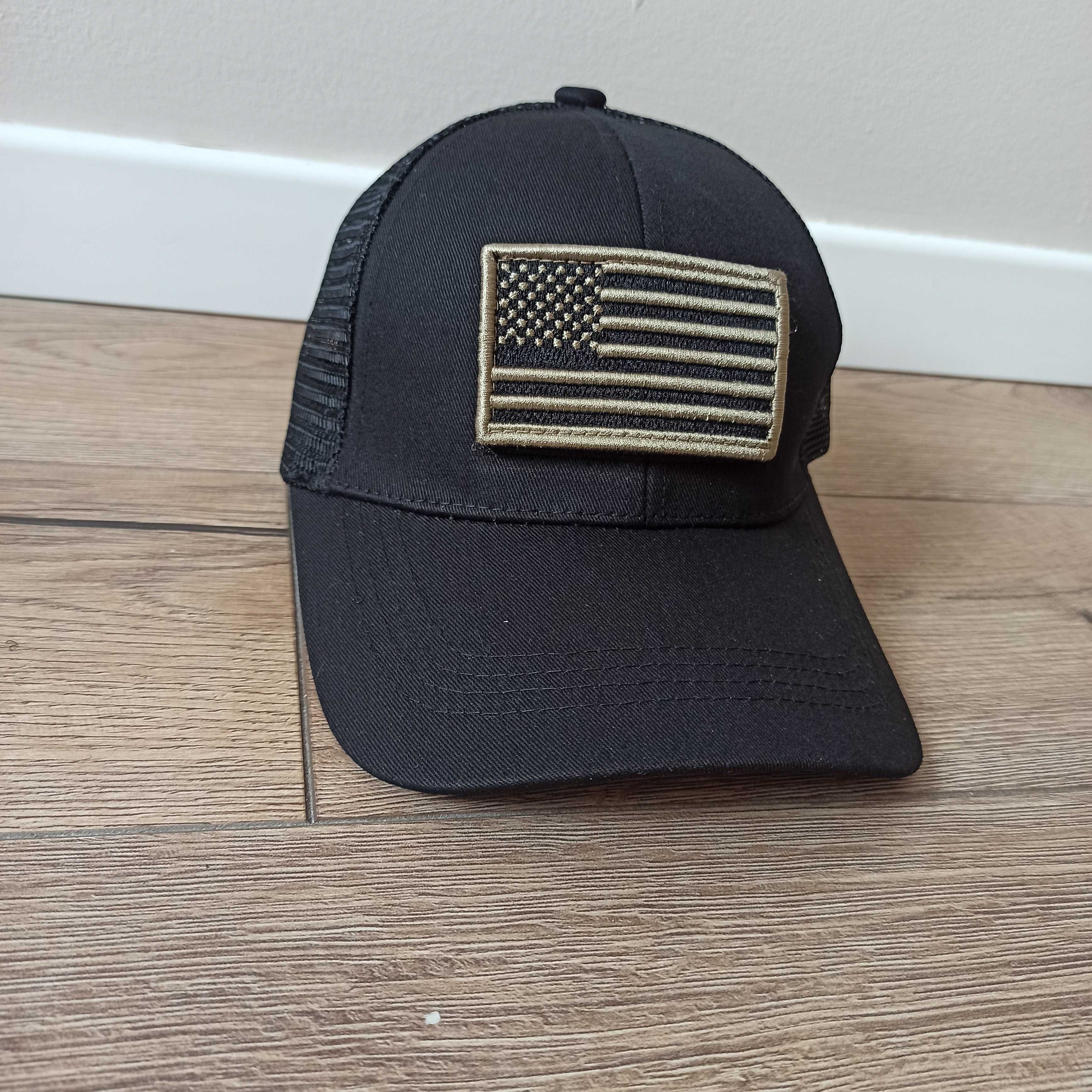 Przewiewna czapka daszek wzór wojskowy flaga amerykańska rzep CZARNY