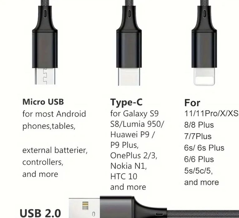 Cabo usb triplo - 3 saidas - usbc - micro usb - iPhone