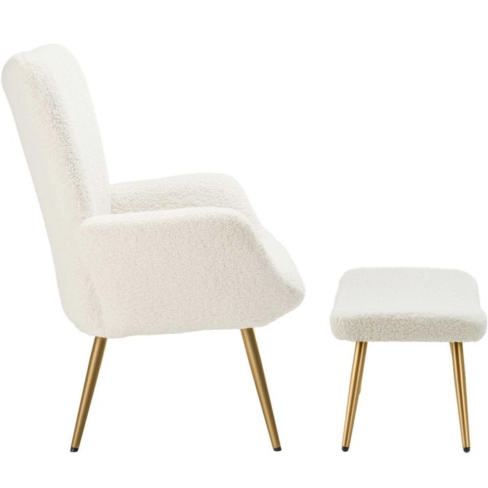 Fotel Hygge Bouclé kremowy/złoty Ze stołkiem OUTLET