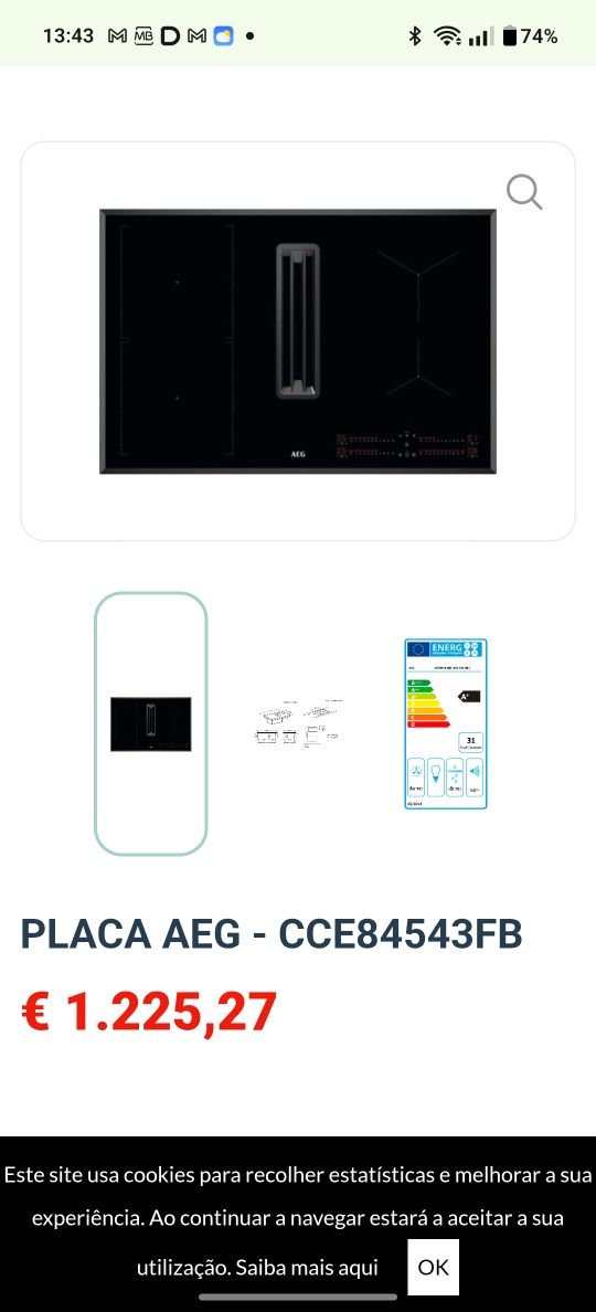 Placa Indução AEG CCE84543FB 80cm com exaustão integrada.
ComboHob