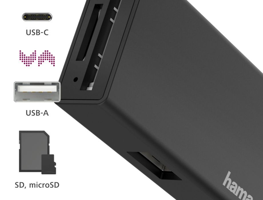 Hama Hub USB-C, 1x USB-A + czytnik kart SD/MicroSD, czarny OUTLET