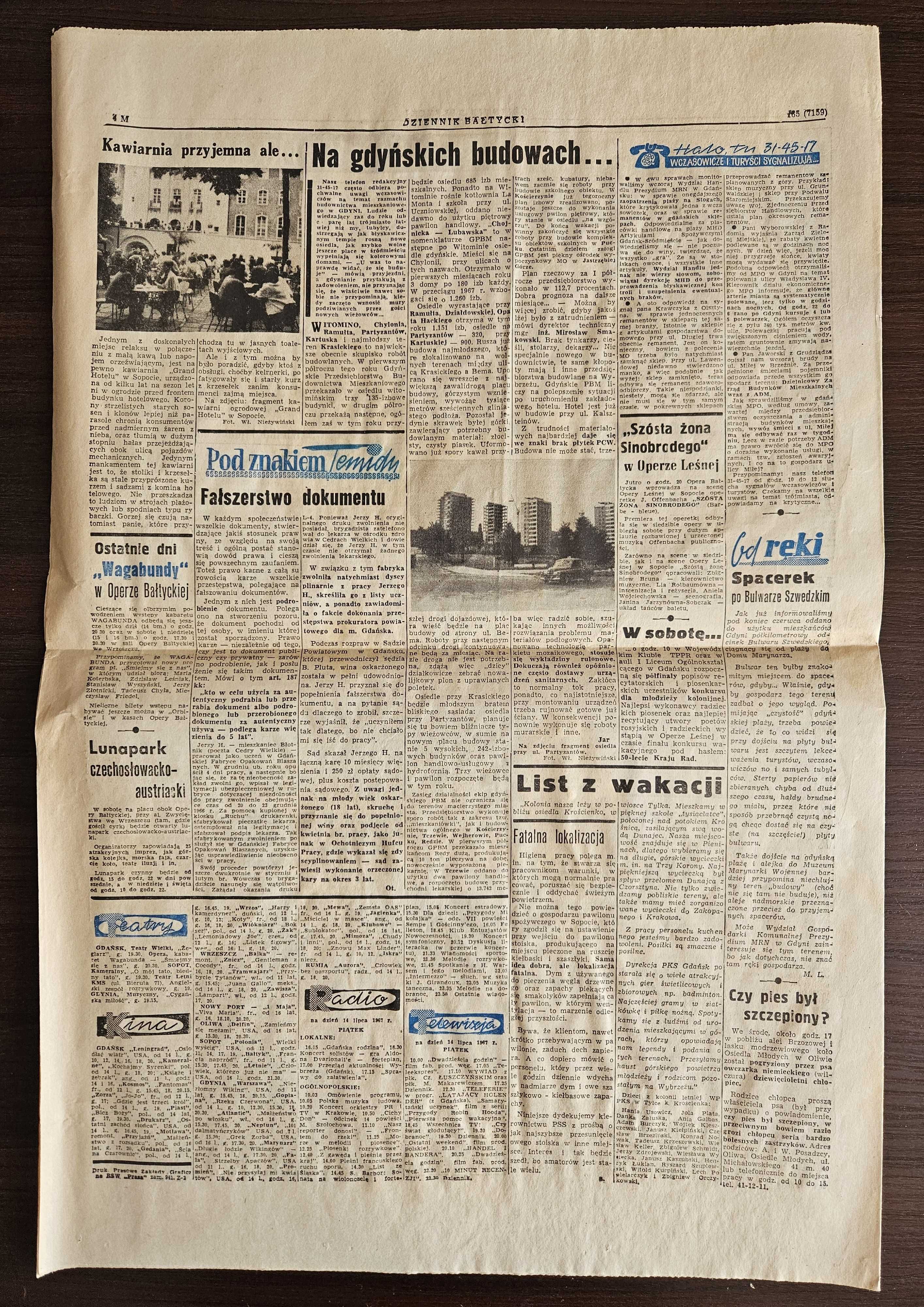 DZIENNIK BAŁTYCKI nr 165 z dnia 14 lipca 1967 roku