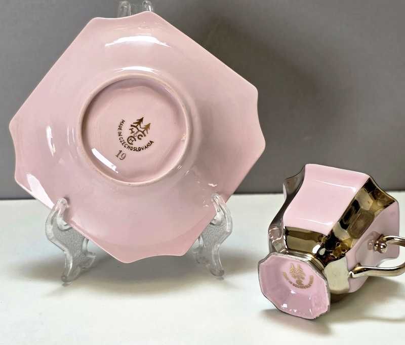 Para srebrzonych filiżanek do mokki różowa porcelana tête-à-tête