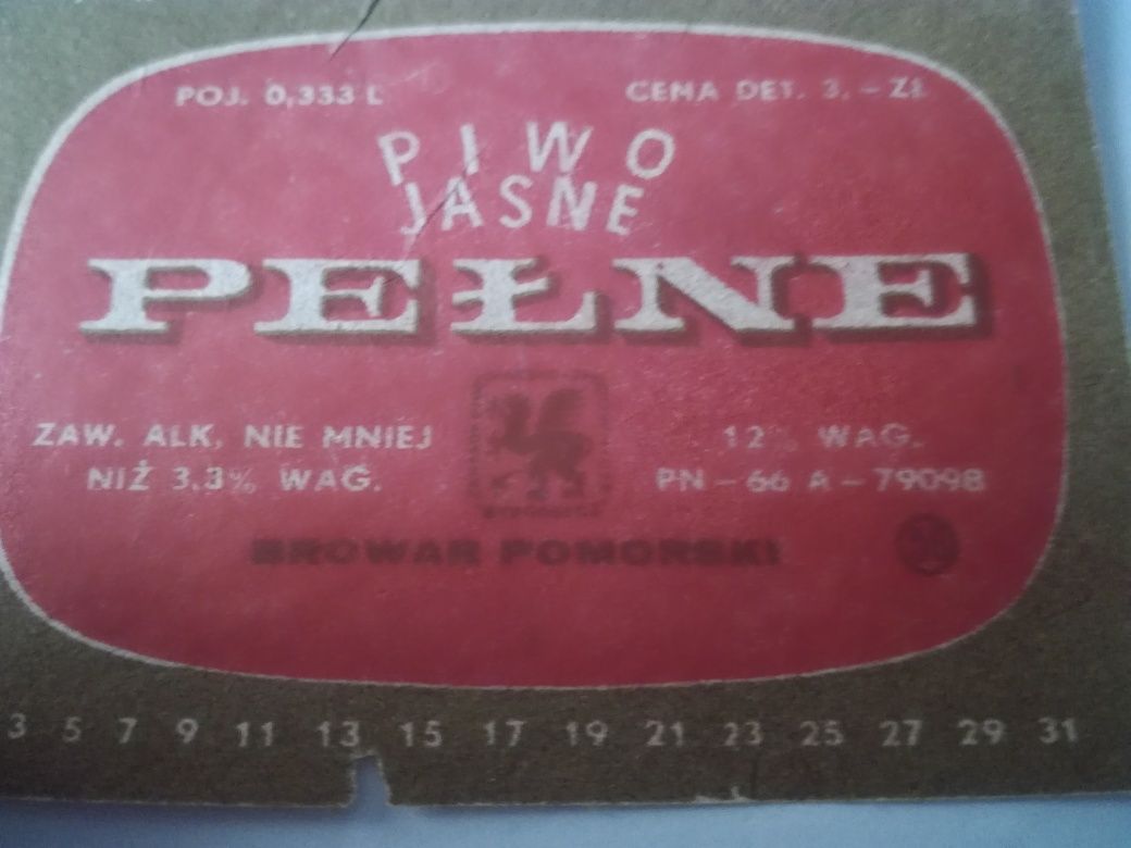 Stara etykieta piwna Browar Pomorski 1966 po piwie