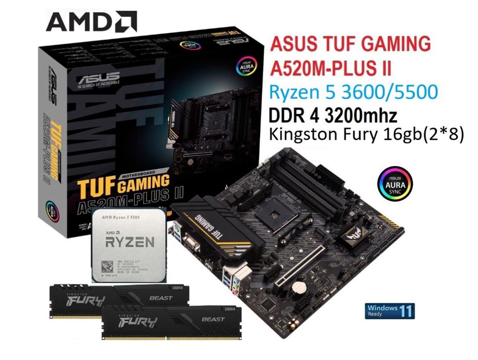 Ігровий комплект Ryzen 5 3600/5500 Asus TUF A520M ddr4 Fury Beast 16gb