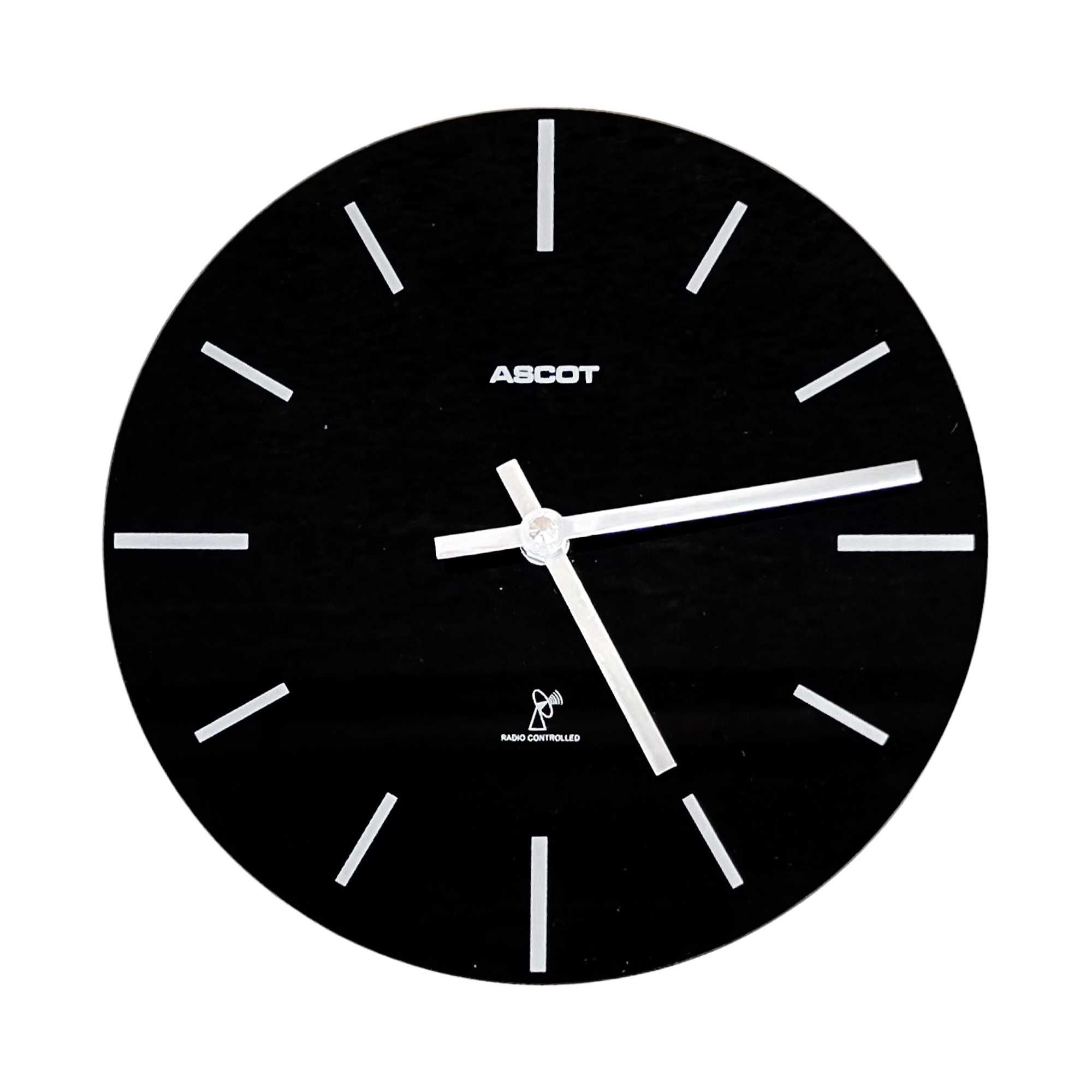 Designerski szklany czarny zegar ścienny, Ascot Niemcy, lata 90.