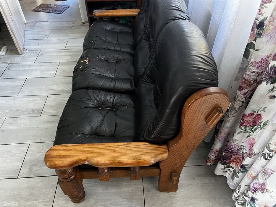 Sofa + dwa fotele drewno dąb skóra naturalna