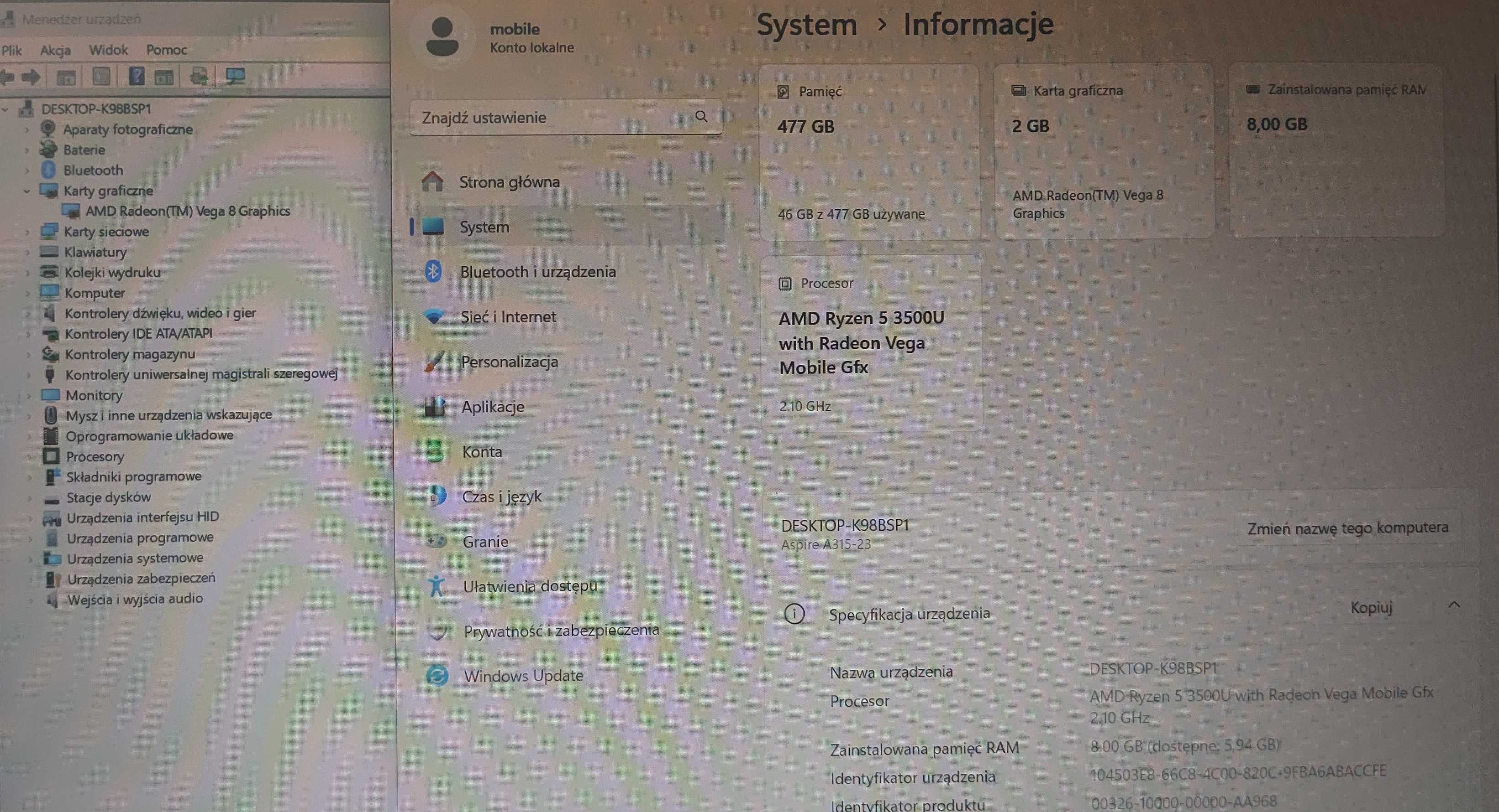 Laptop Acer a315-23 FULL HD ryzen 5 ssd ddr4