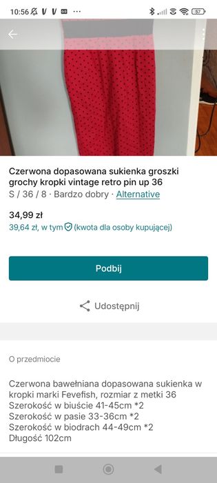 Czerwona dopasowana sukienka groszki grochy kropki vintage retro 36