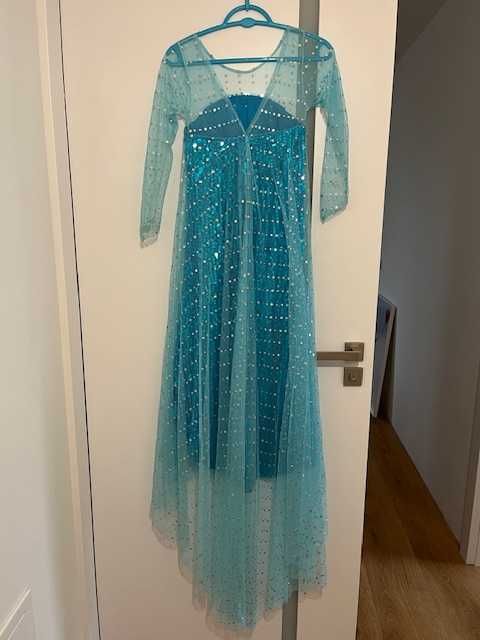 ELSA FROZEN strój, sukienka z trenem i akcesoria,