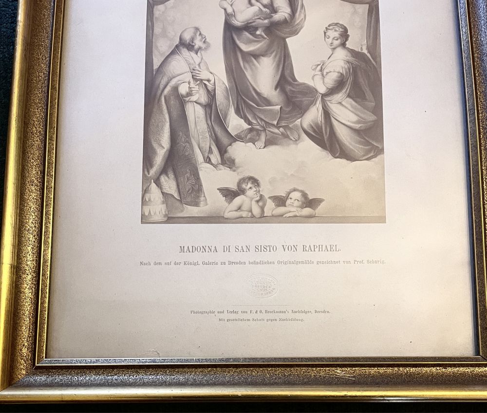 Grafika religijna „Madonna Sykstyńska” R.Santi. Pieczęć galerii Drezno