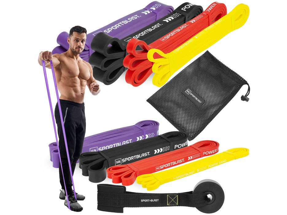 Gumy oporowe do ćwiczeń ZESTAW 4 sztuk + uchwyt do drzwi + worek SZ