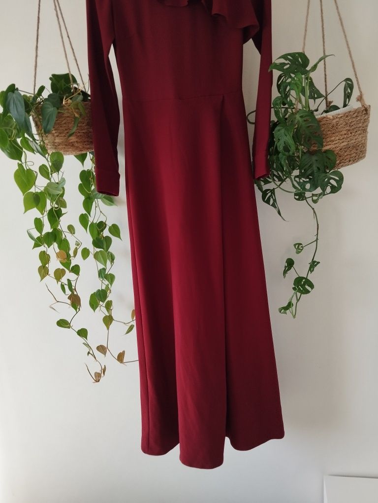 Kombinezon wieczorowy, elegancki, z szerokimi nogawkami, burgundowy, b