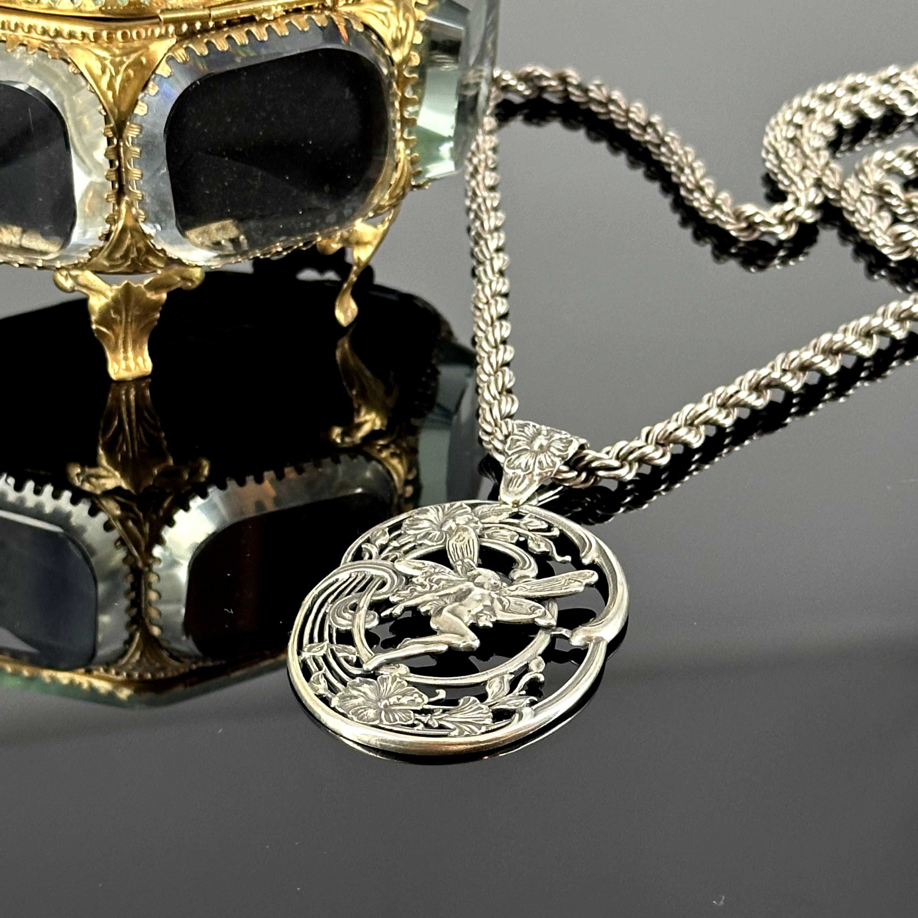 Srebro - Wielki srebrny naszyjnik secesyjny - próba srebra 835