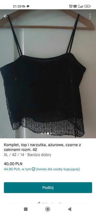 Komplet, top i narzutka, ażurowe, czarne z cekinami rozm. 42