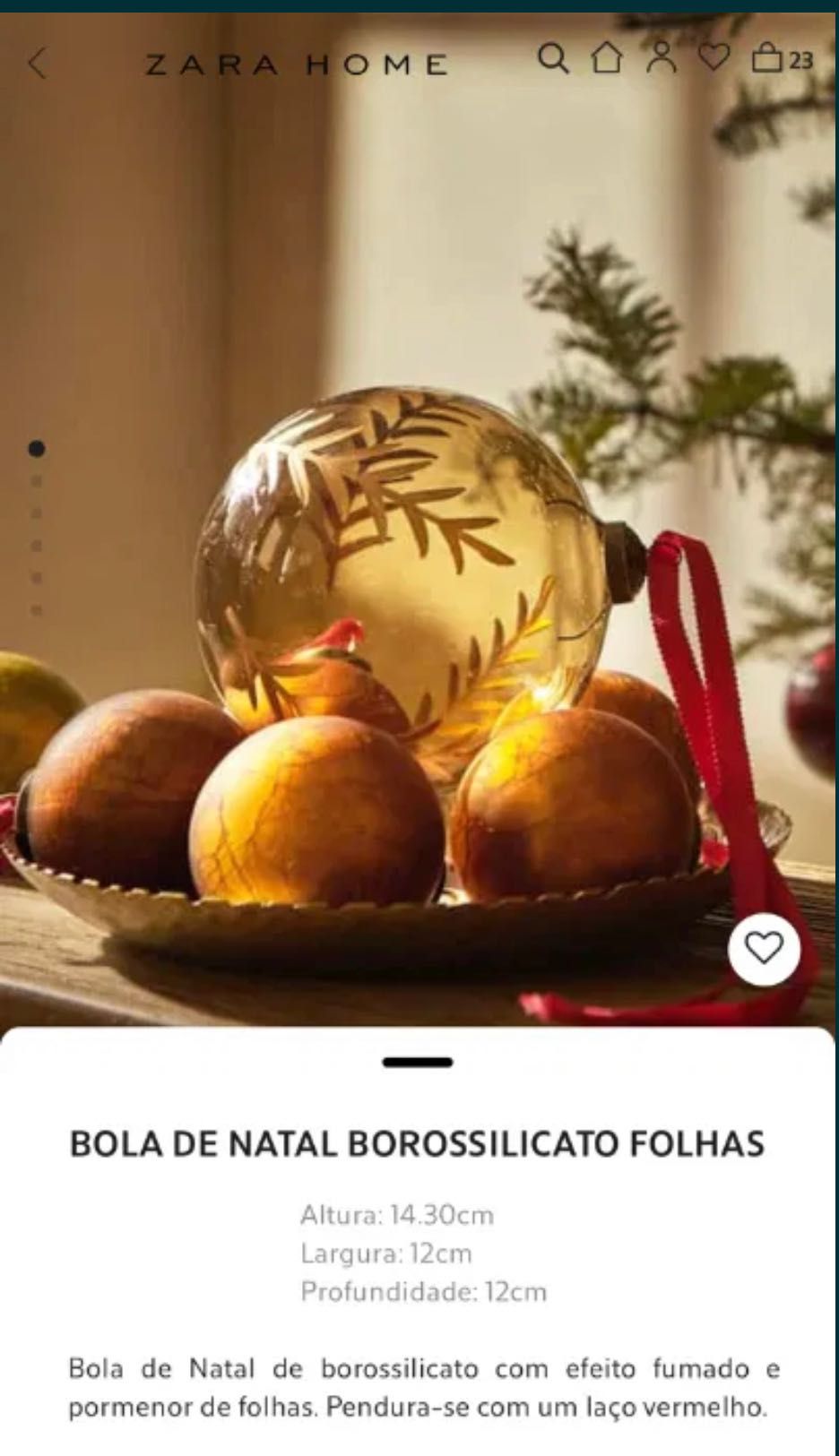 Bola de Natal Borossilicato Folhas Zara Home