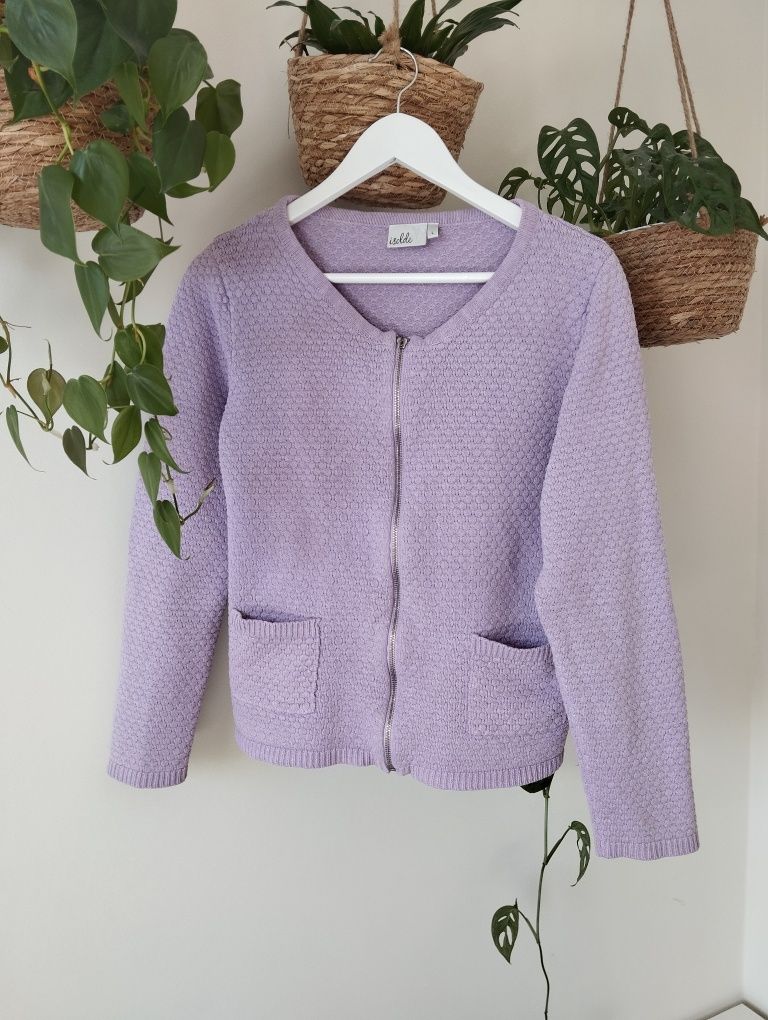 Sweter kardigan, na suwak, okrągły dekolt, szanelka, struktura r. L/XL